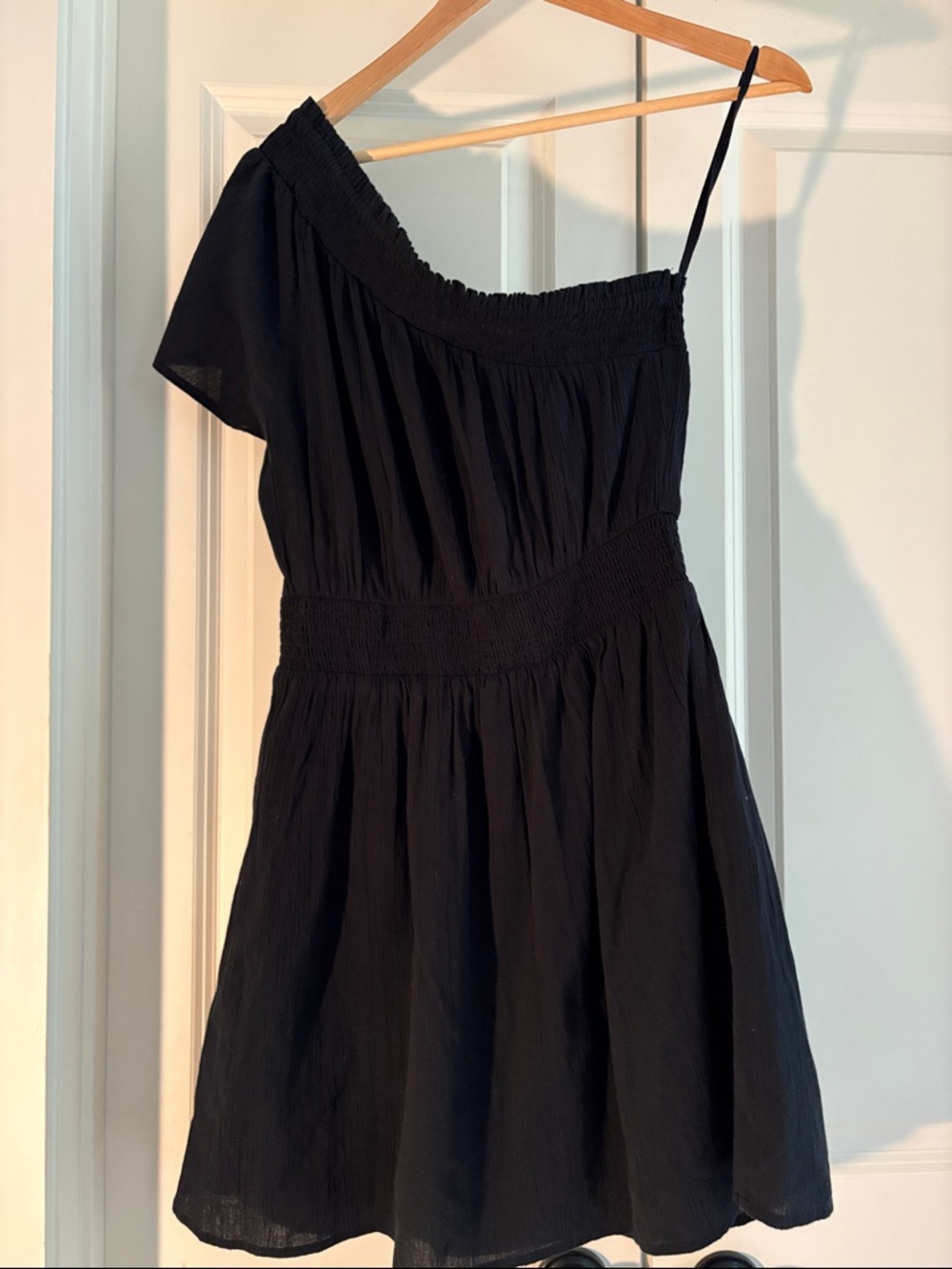 Aerie Black One-Shoulder Smocked-Waist Mini Dress Size M
